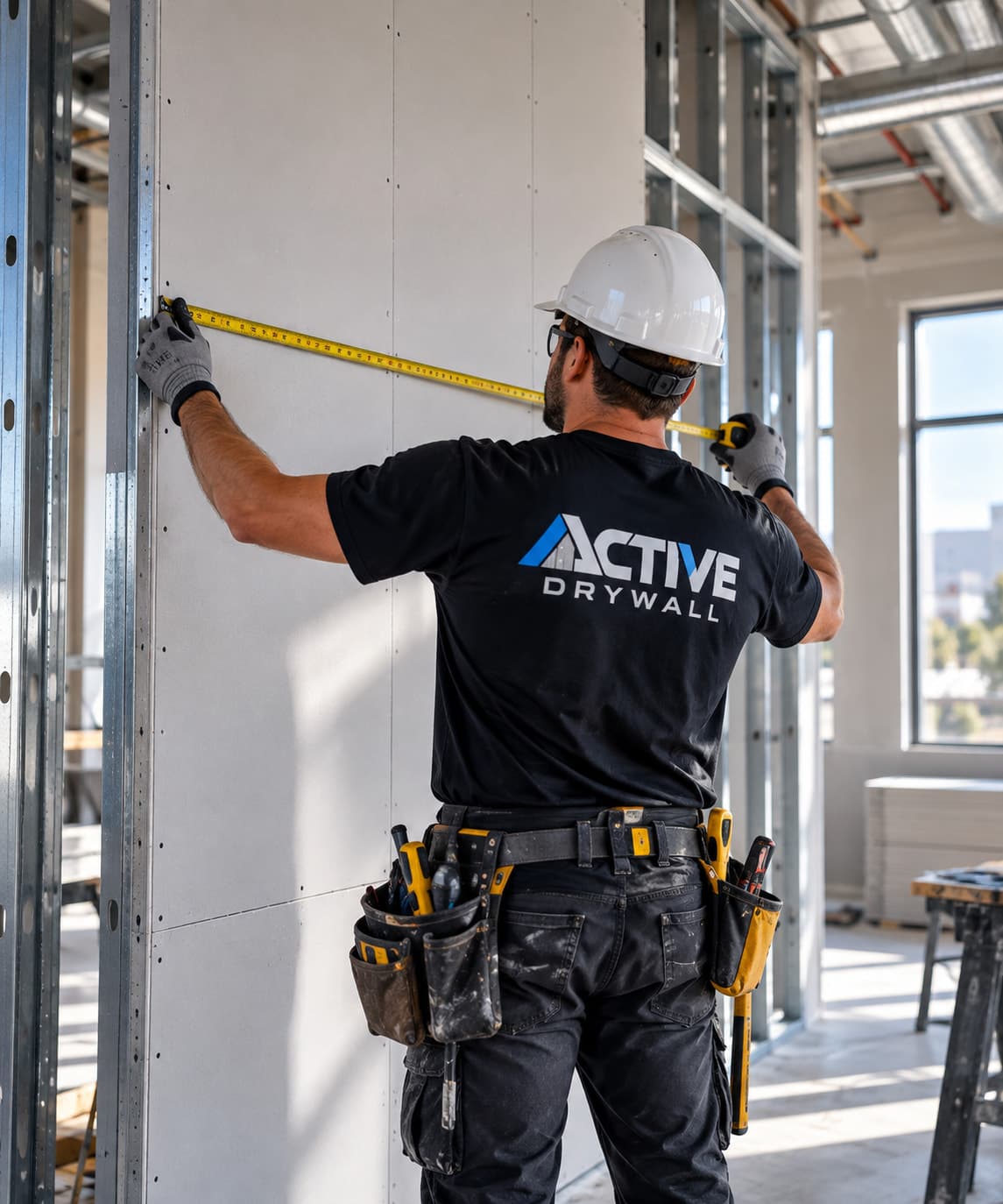 Active Drywall installer in a hard hat measuring a hung drywall panel with a tape measure