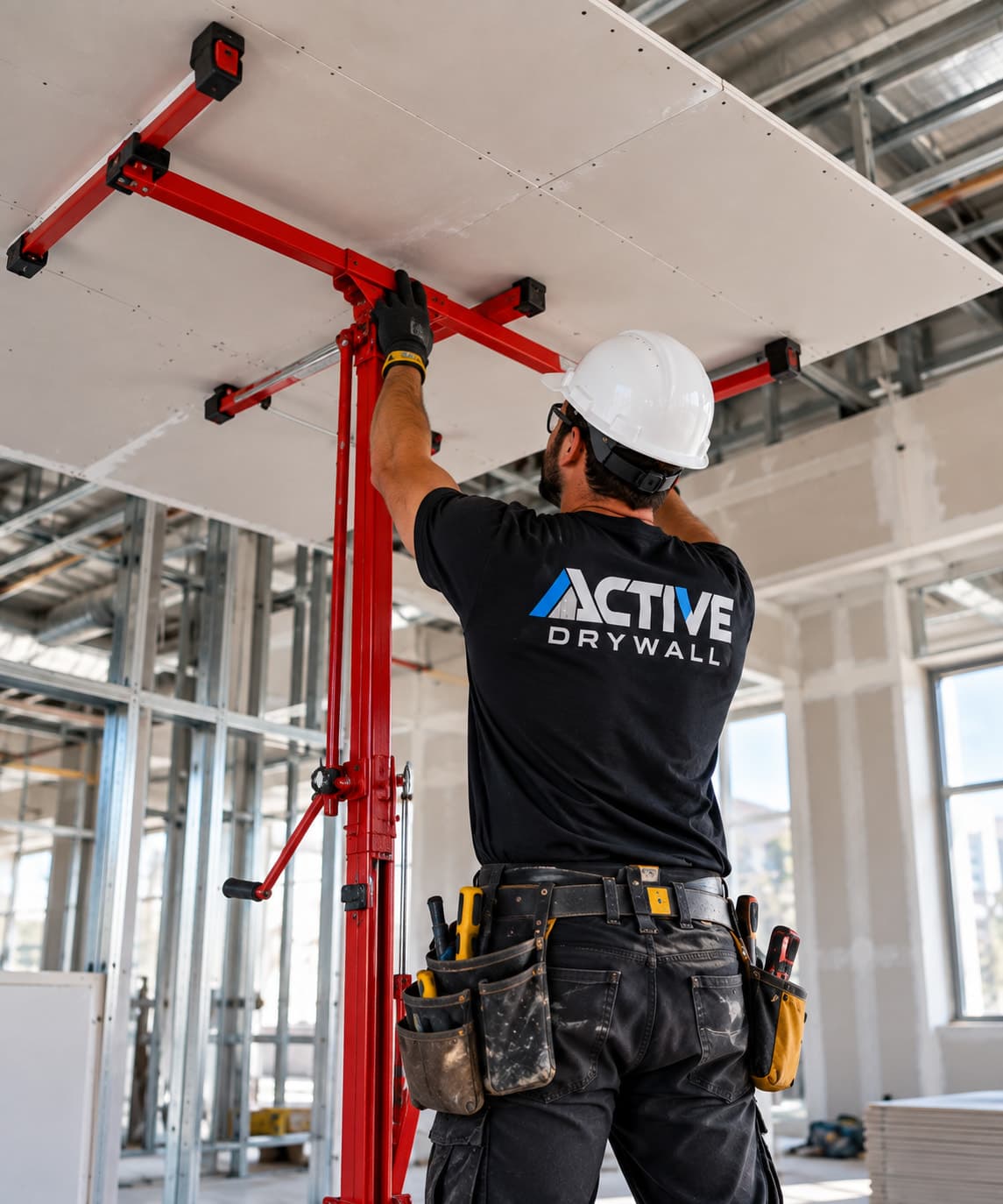 Active Drywall installer using a red panel lift to position a drywall sheet on a ceiling