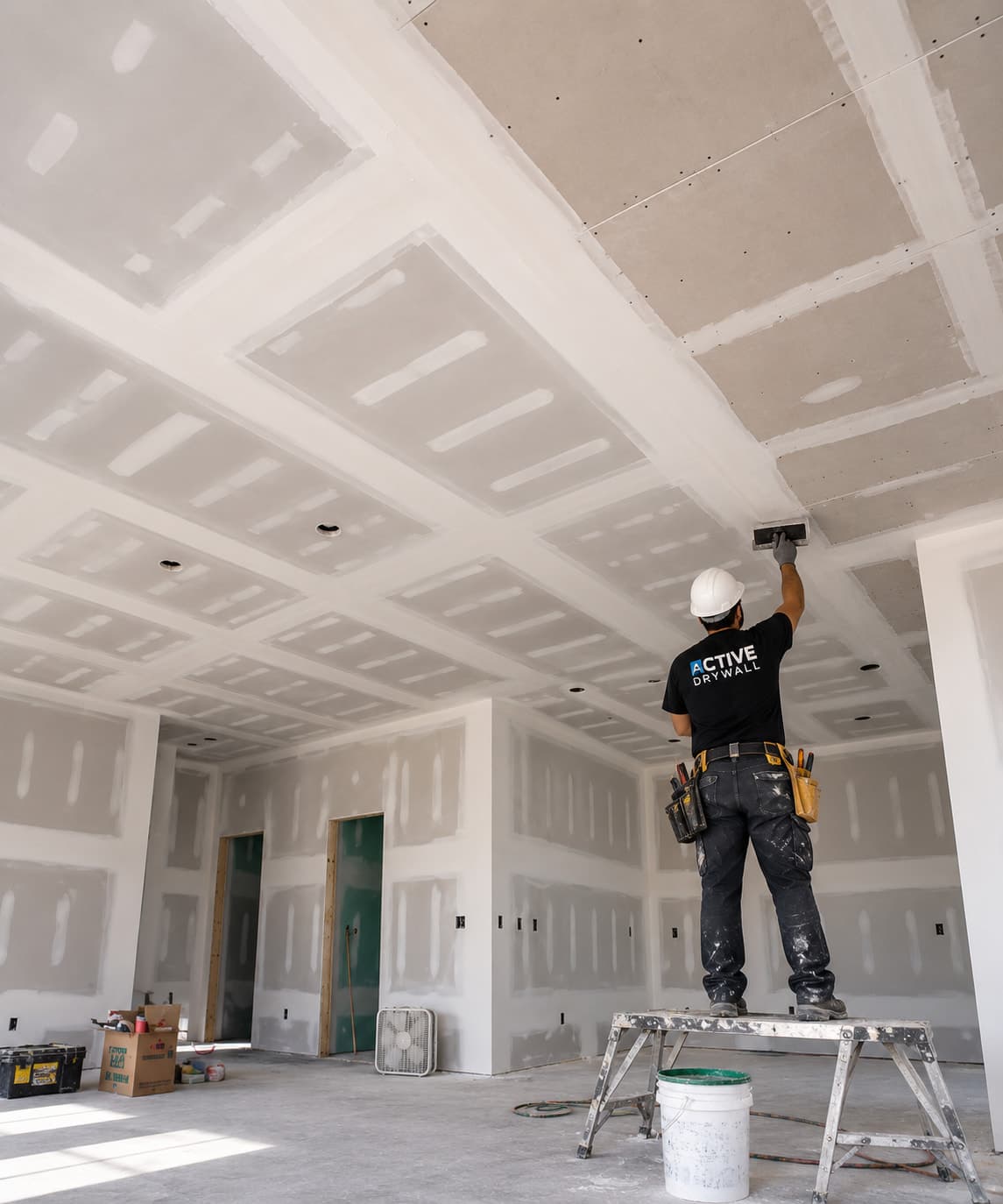 Active Drywall installer on a platform finishing a ceiling in a large room, with joints and fastener spots covered in joint compound