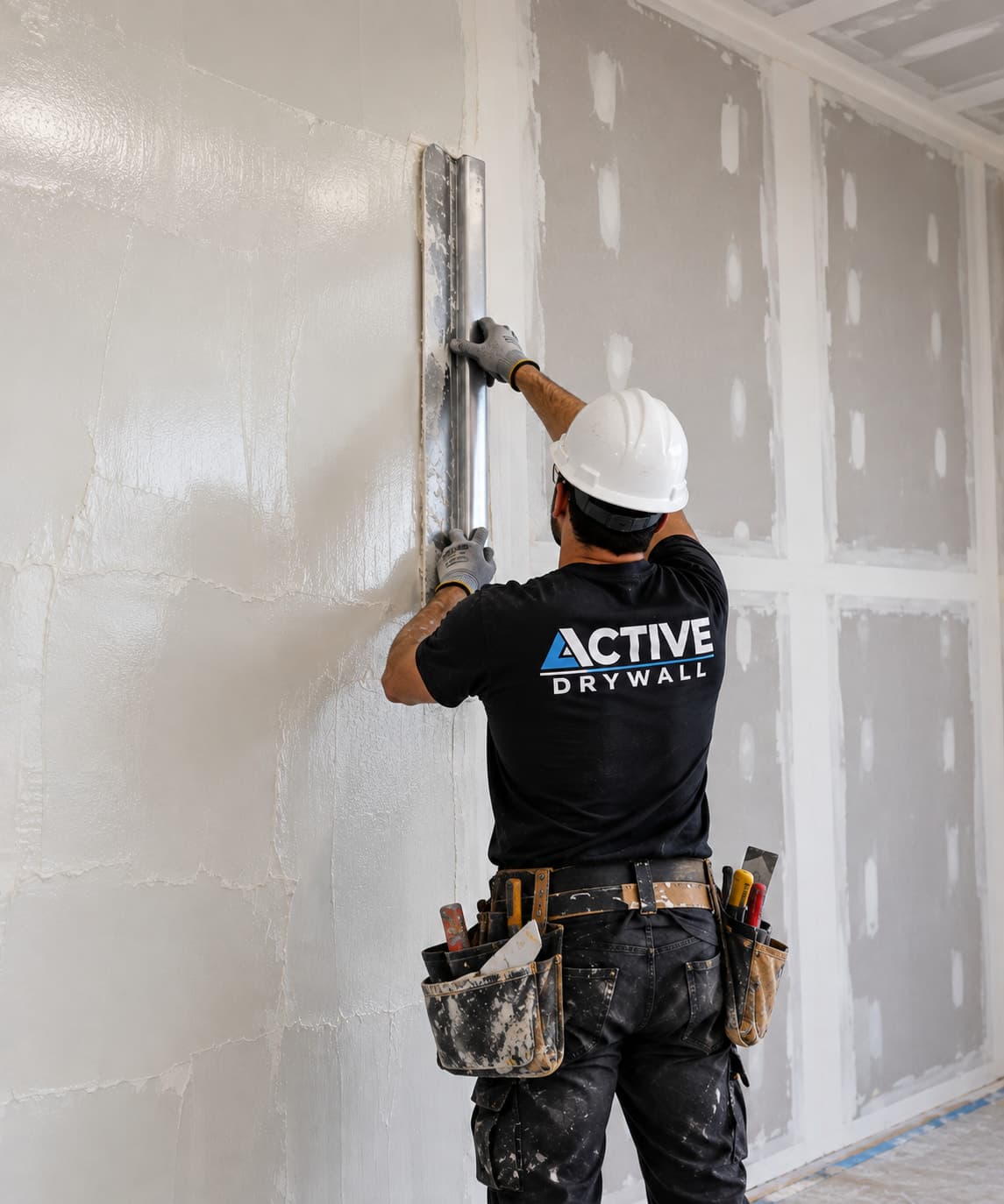 Active Drywall installer using a long wide finishing tool to spread joint compound across a large wall surface