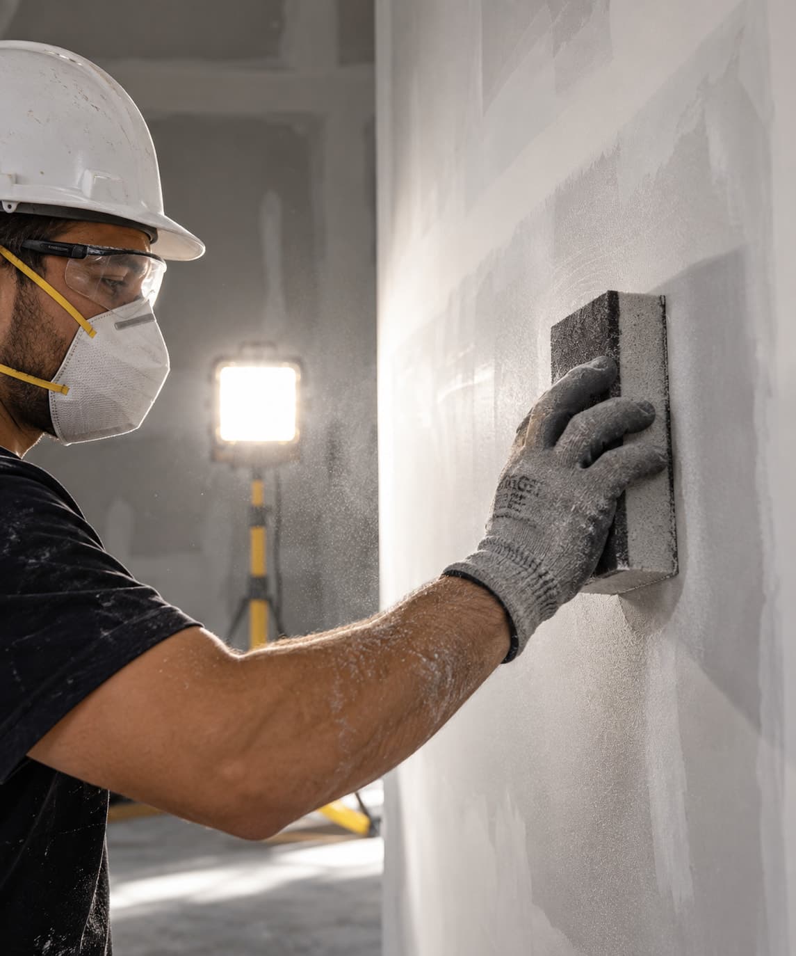 Worker in a hard hat, respirator and safety glasses hand-sanding a drywall wall with a sanding sponge