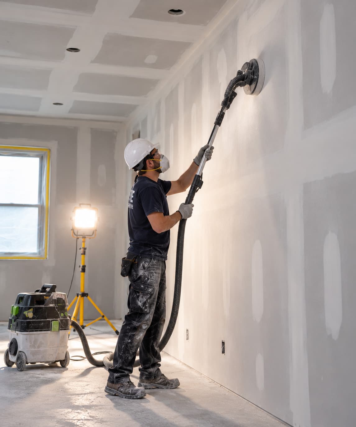 Worker using a pole-mounted power sander connected to a dust extractor to sand a drywall wall