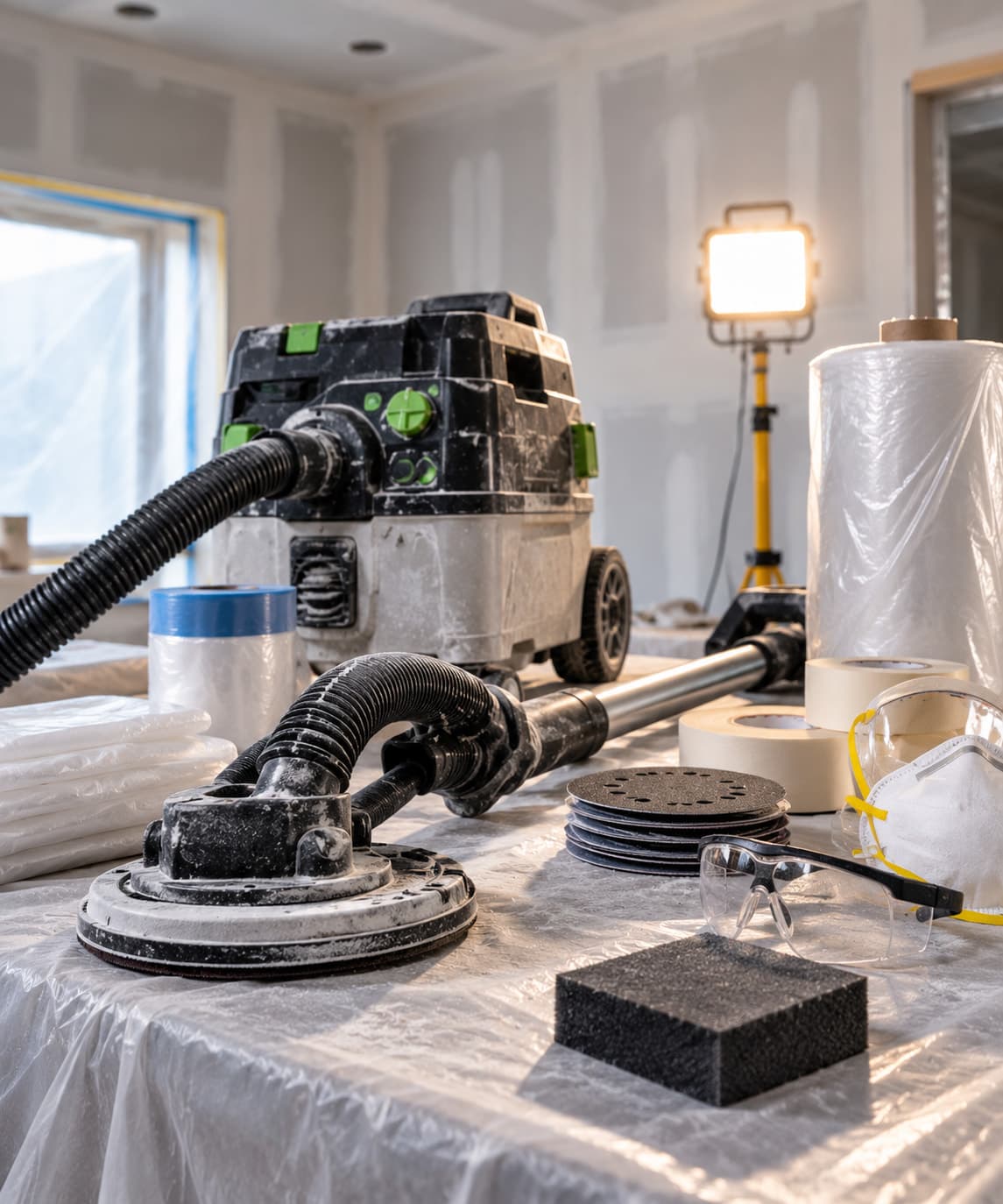 Dust extractor, power sander, sanding discs, sanding sponge, masking tape, protective plastic sheeting, respirator and safety glasses laid out on a work table