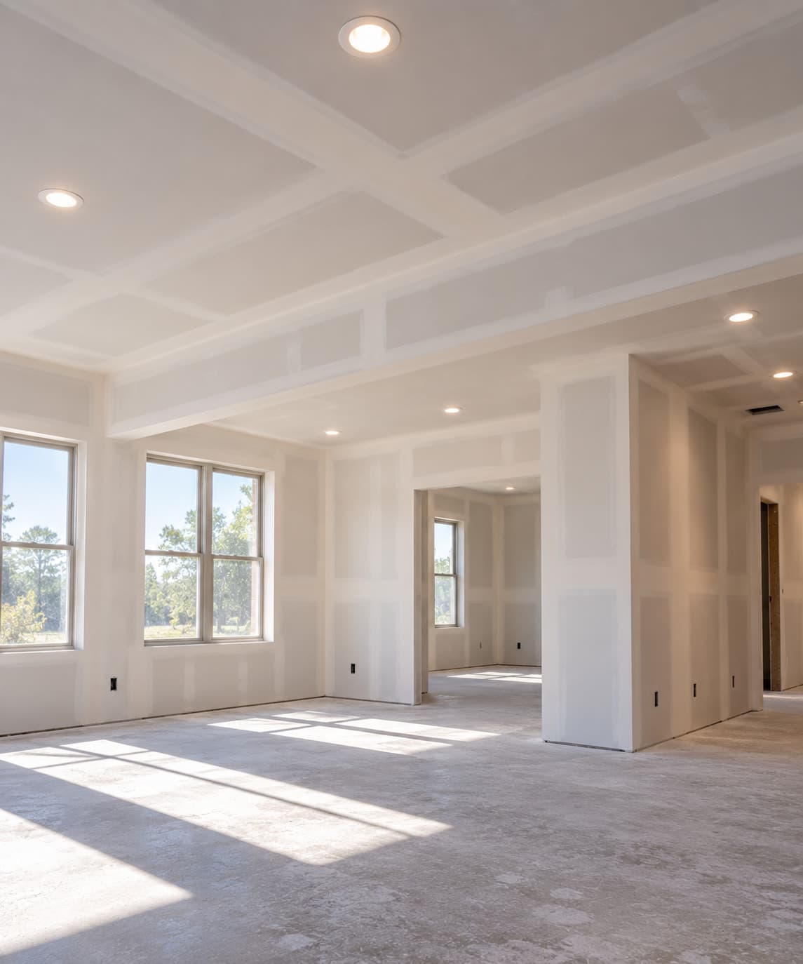 Bright open room with smooth finished drywall walls, a coffered ceiling and recessed lights, ready for the next trade