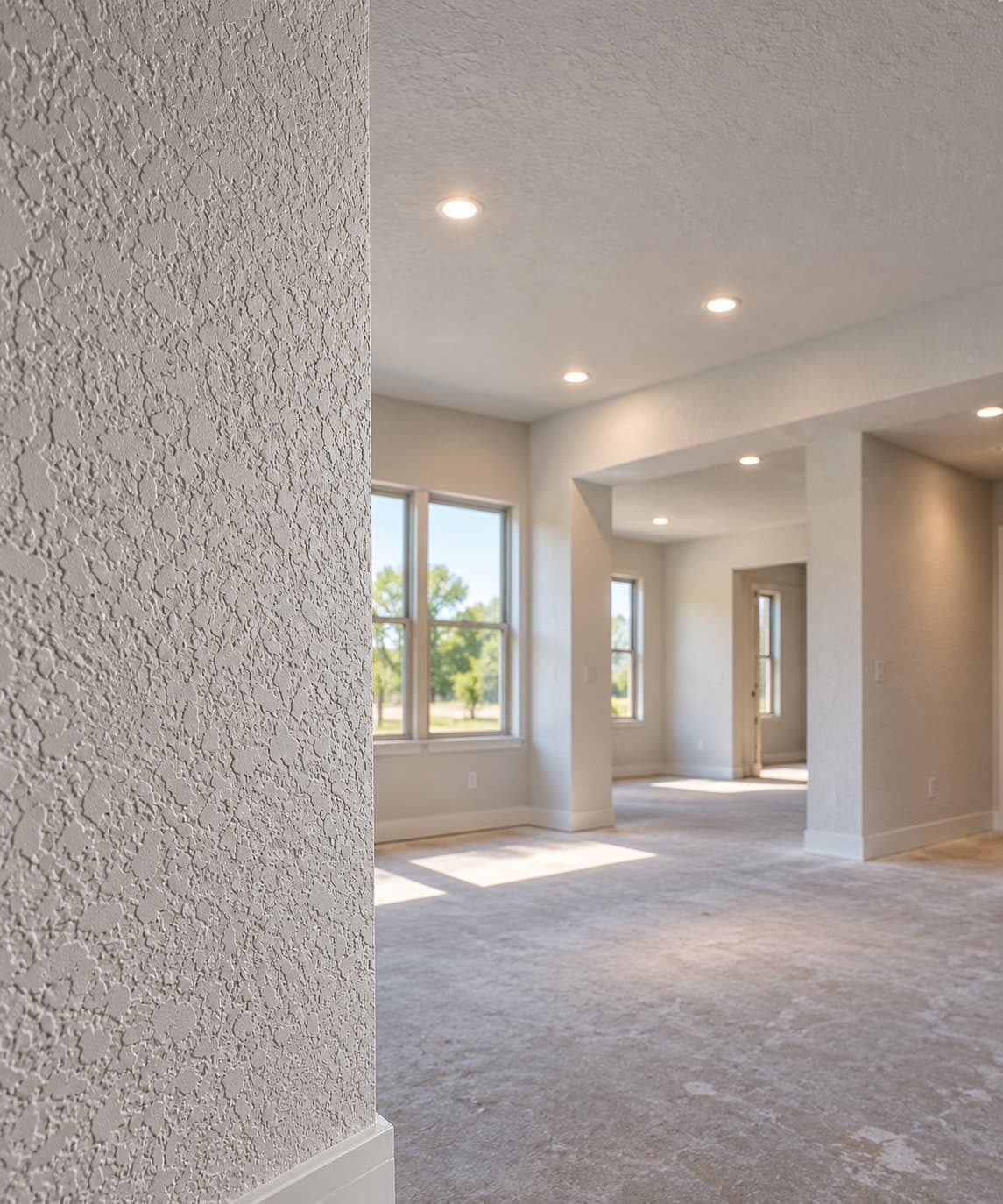 Textured drywall wall in the foreground of a completed open room with a textured ceiling and recessed lights
